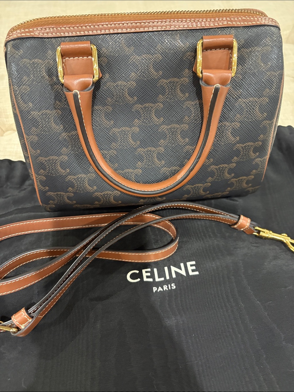 CELINE
Triomphe Canvas Calfskin Small Boston Bag Tan